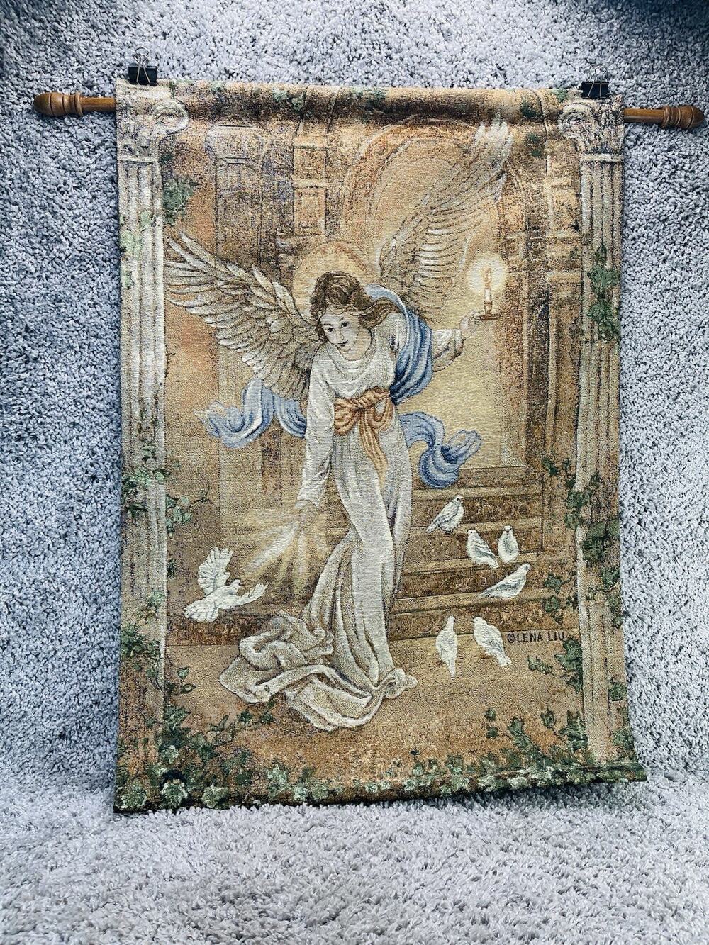 VTG Lena Liu Angel of Light Religious Wall Art Hanging Tapestry Wooden Rod Decor
